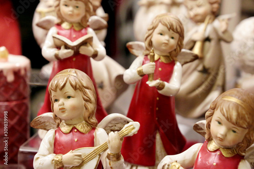 Porcelain figurines of angels, souvenir at the Christmas fair in England