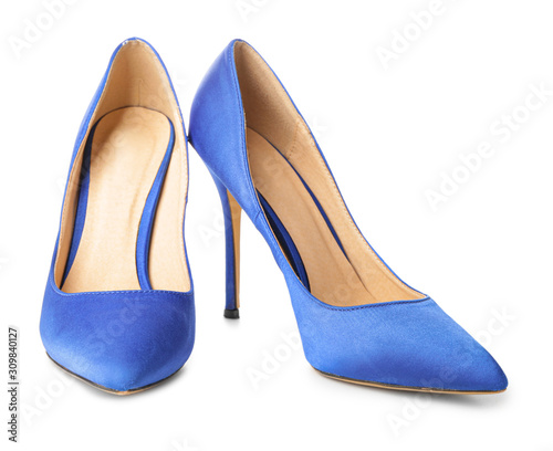 Stylish female shoes on white background