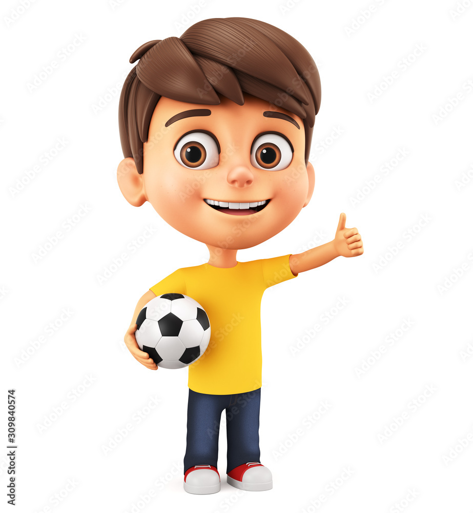 Cartoon character little boy holds a soccer ball and shows thumb up on a  white background. 3d render illustration. Stock Illustration | Adobe Stock