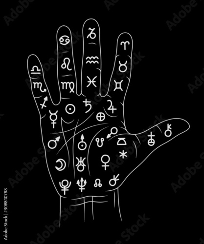 Vector hand in the symbols of alchemy