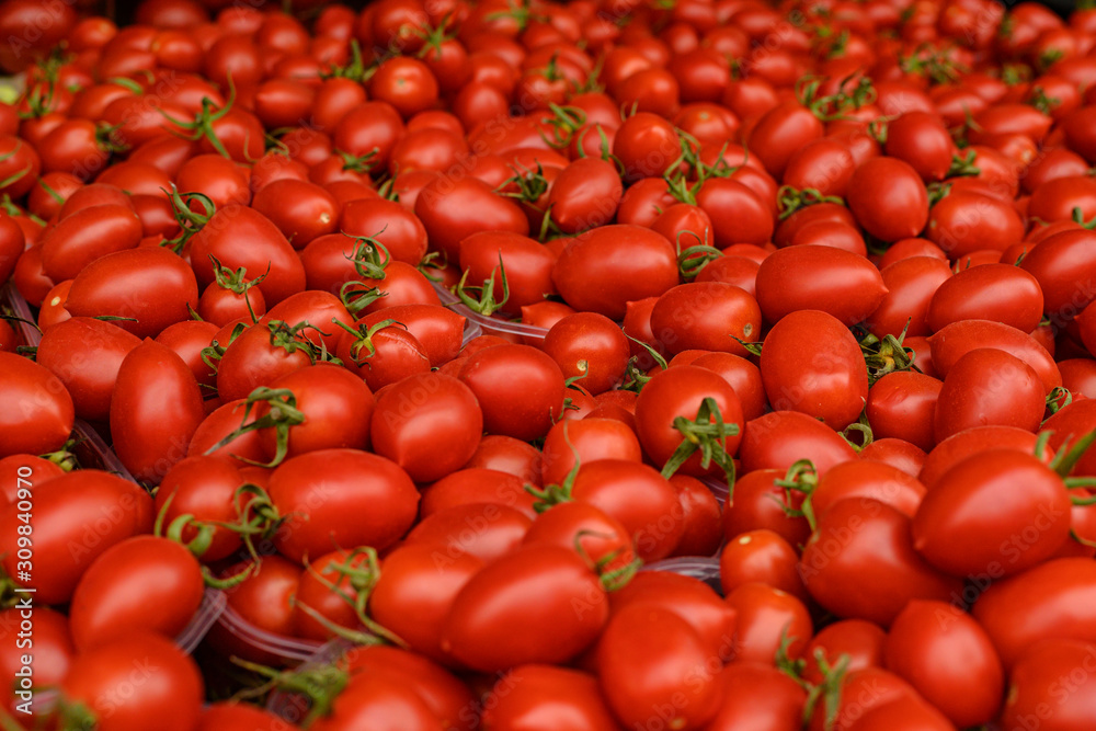 Bright red fresh ripe juicy tomatoes on the counter in the market, in the store or in the bazaar. Red tomatoes background. Group of tomatoes. Full frame of tomato on market Bright red fresh ripe juicy tomatoes on the counter in the market, in the store or in the bazaar. Red tomatoes background. Group of tomatoes. Full frame of tomato on market