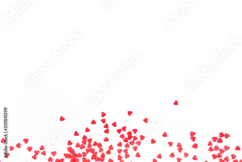 White background with red hearts. Valentine s day concept. Top view. Copy space for text.