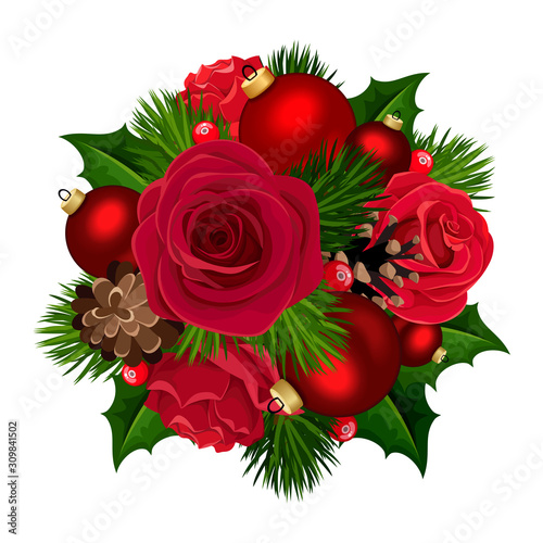 Vector Christmas bouquet with red roses, balls, holly, fir branches and cones isolated on a white background.