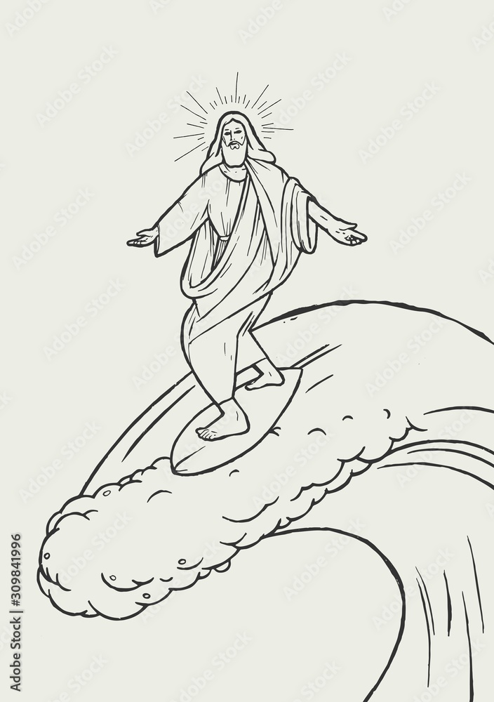 Jesus Christ surfing on the big wave. Christian god tropical