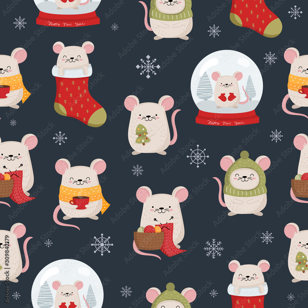 Vector seamless pattern with hand drawing cute winter rats in cozy clothes. Creative background with funny mice for New 2020 Year
