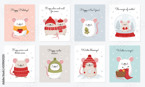 Vector collection of cards with hand drawing cute winter rats in cozy clothes. Creative banner with funny mice for New 2020 Year.