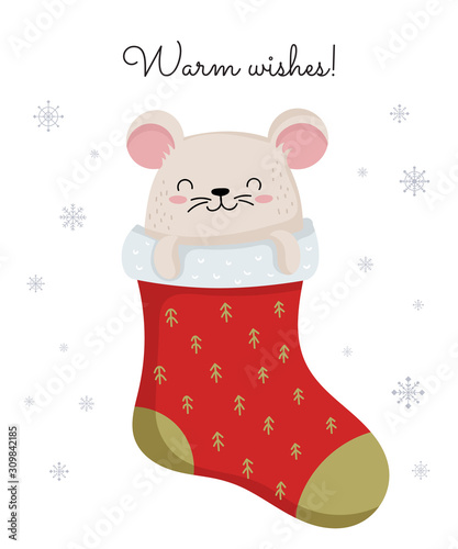 Vector poster with hand drawing cute winter rat in cozy clothes. Creative banner with funny mouse for New 2020 Year.