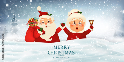 Merry Christmas. Happy new year. Mrs. Claus Together. Vector cartoon character of Happy Santa Claus and his wife on big blank sign. Vector Holiday winter landscape with firs, light, snow