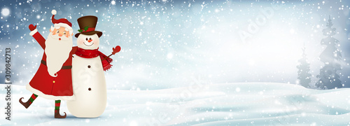 Happy smiling Santa Claus and cute snowman on big blank sign. Christmas background. Cartoon Santa Claus character with white copy space. Holiday winter landscape with firs, light, snow