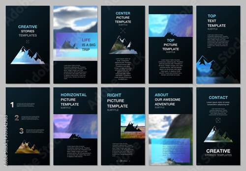 Creative social networks stories design, vertical banner or flyer template. Covers design templates for flyer, brochure. Background for tourist camp, nature tourism, camping. Aadventure design concept