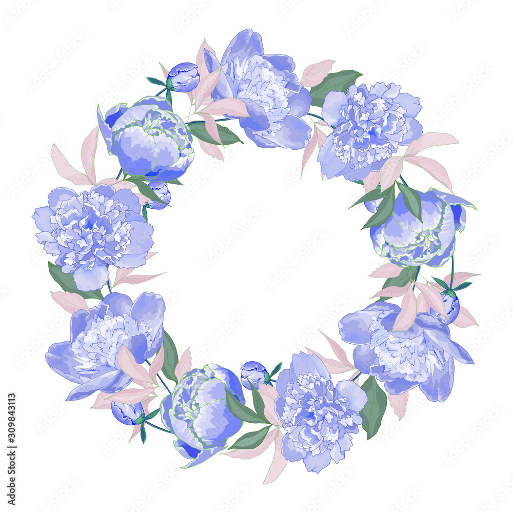 Round frame of violet flowers peonies and green leaves. Isolated on a white background. Place for text. Wreath for your design, greeting cards, invitation. Vector stock illustration.