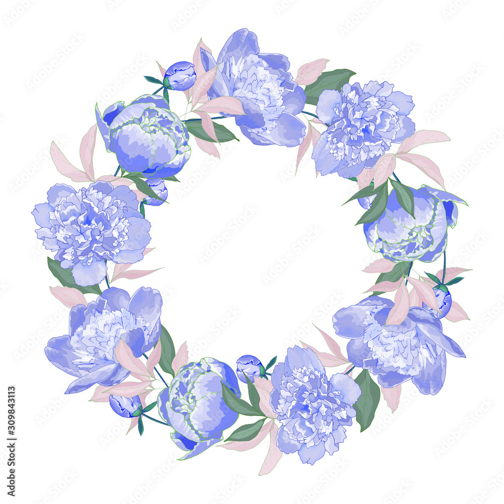 Fototapeta premium Round frame of violet flowers peonies and green leaves. Isolated on a white background. Place for text. Wreath for your design, greeting cards, invitation. Vector stock illustration.