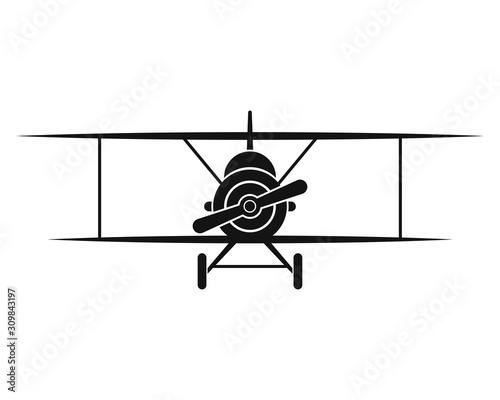 Biplane icon. Black silhouette. Front view. Vector drawing. Isolated object on a white background. Isolate.