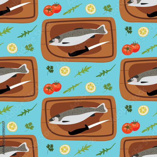 seamless repeat pattern with salad ingredients, knives, fishes and chopping boards