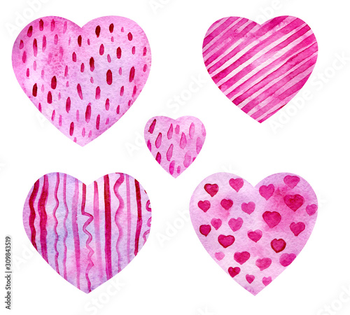 Set of watercolor pink hearts.