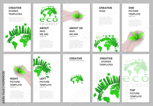 Social networks stories design, vertical banner or flyer templates. Covers design templates for flyer, leaflet, brochure cover, banner. Earth planet health care, sustainable development concept.