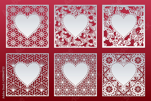 Laser cut patterned cards set with hearts. Panel templates for interior design, layouts wedding cards, invitations, Valentine's Day cards. Vector Valentine background.