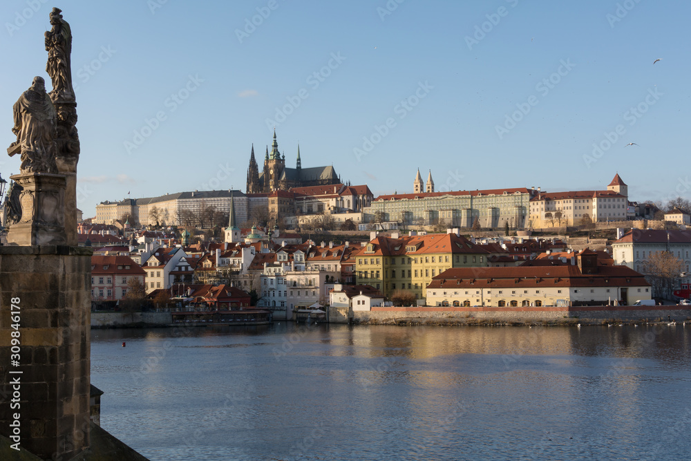 View of Mala Strana and View of Mala Strana and Prague castle and St. Vitus Cathedral over Vltava river from Char and St. Vitus Cathedral over Vltava river from Charles Bridge . Prague, Czech Republic