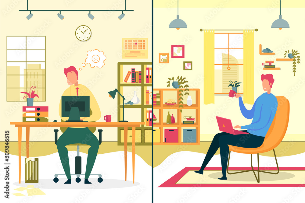 Office and Freelance Work Comparison Flat Vector Office and Freelance Work Comparison Flat Vector