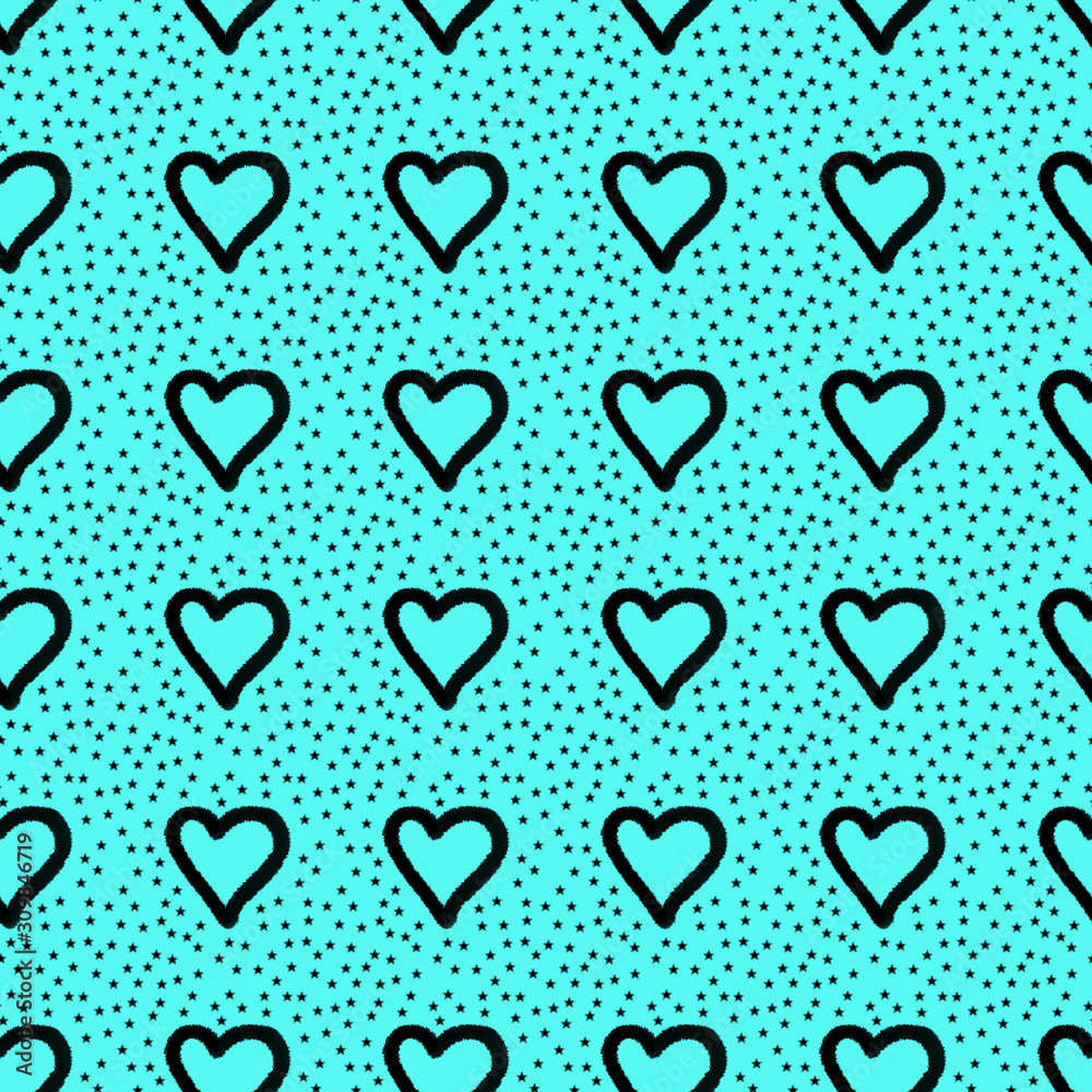 cute seamless pattern with hearts and stars on turquoise, Pattern can be used as wrapping paper, background, fabric print, web page backdrop, wallpaper.