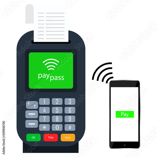 Mobile payments with smartphone. Contactless calculation communication payment terminal concept.