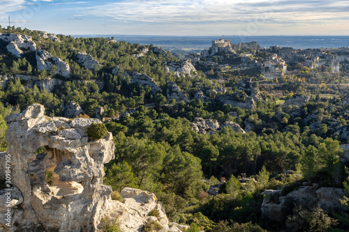 View from Oeil d'Erosion over Baux de Provence in the Alpilles, South of France at Sunset © thomas