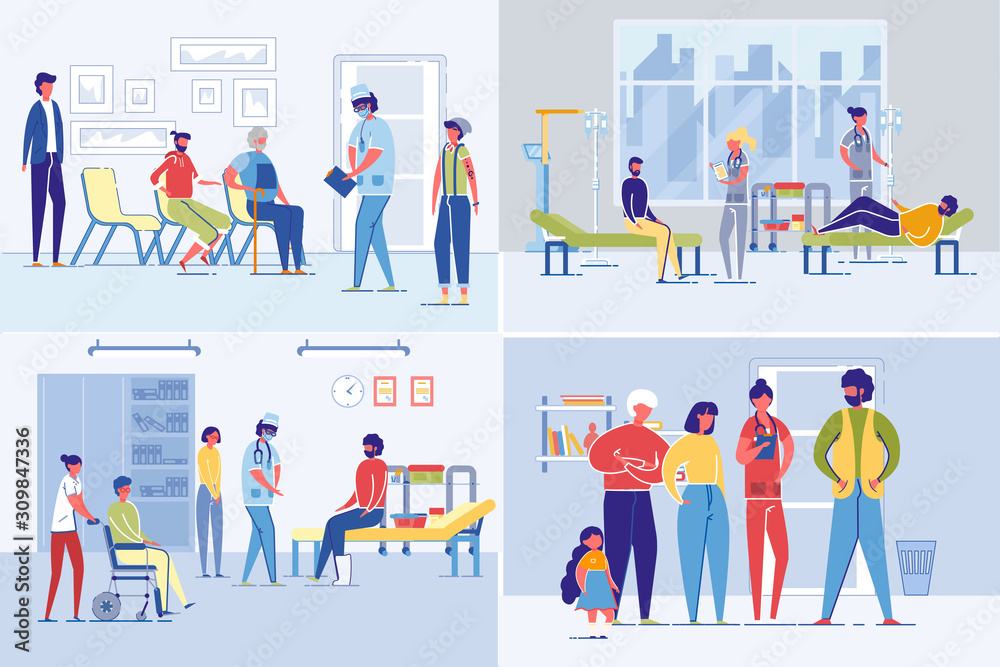 Naklejka premium Hospital or Health Care Clinic Set with Patients.