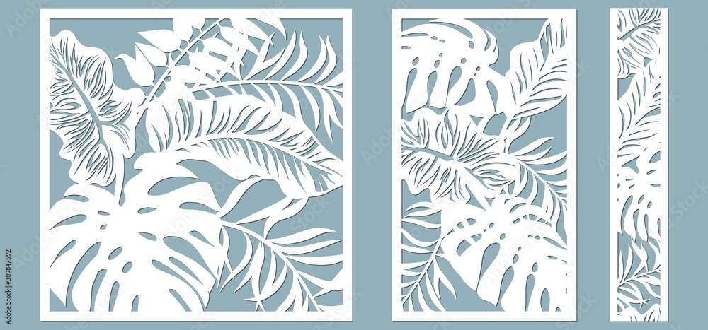 Set template for cutting. Palm leaves pattern. Laser cut. Vector illustration.