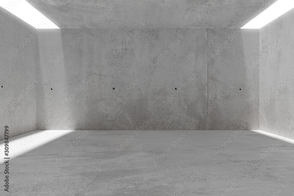 Abstract empty, modern concrete room with light from ceiling - industrial interior background template, 3D illustration Abstract empty, modern concrete room with light from ceiling - industrial interior background template, 3D illustration