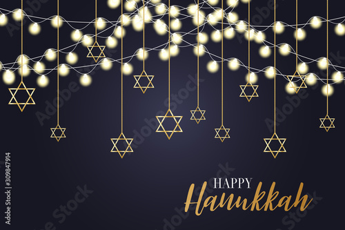 Happy Hanukkah. Traditional Jewish holiday. Chankkah banner background design concept. Judaic religion decor with Menorah, candles, David star. Vector illustration. photo