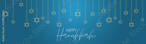 Happy Hanukkah. Traditional Jewish holiday. Chankkah banner or website header background design concept. Judaic religion decor with garland, David star. Vector illustration.