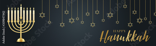 Happy Hanukkah. Traditional Jewish holiday. Chankkah banner or website header background design concept. Judaic religion decor with Menorah, candles, David star. Vector illustration.