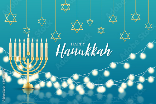 Happy Hanukkah. Traditional Jewish holiday. Chankkah banner or wallpaper background design concept. Judaic religion decor with Menorah, candles, David star. Vector illustration.