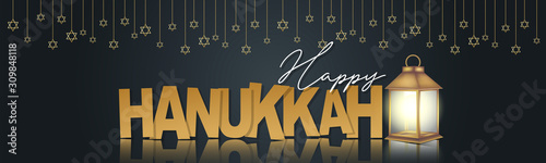 Happy Hanukkah. Traditional Jewish holiday. Chankkah banner or website header background design concept. Judaic religion decor with Menorah, candles, David star, lantern and golden lettering. 