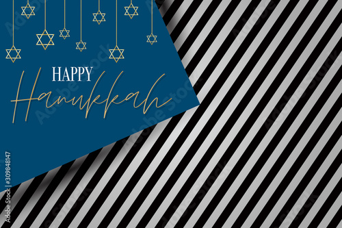 Happy Hanukkah. Traditional Jewish holiday. Chankkah banner or wallpaper background design concept. Judaic religion decor with golden script lettering and David Star garland. Vector illustration. photo