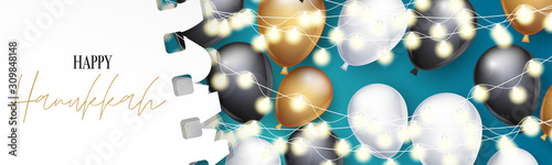 Happy Hanukkah. Traditional Jewish holiday. Chankkah banner or website header background design concept. Judaic religion decor with garland lights and balloons. Vector illustration.