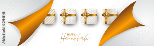 Happy Hanukkah. Traditional Jewish holiday. Chankkah banner or website header background design concept. Judaic religion decor with white luxury gift boxes with golden ribbon. Vector illustration.