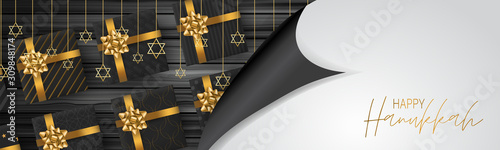Happy Hanukkah. Traditional Jewish holiday. Chankkah banner or website header background design concept. Judaic religion decor with black luxury gift boxes with golden ribbon. Vector illustration.