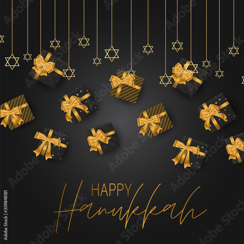 Happy Hanukkah. Traditional Jewish holiday celebration. Chankkah banner background design concept. Judaic religion decor - black luxury gift boxes with golden ribbon, David Star. Vector illustration. photo