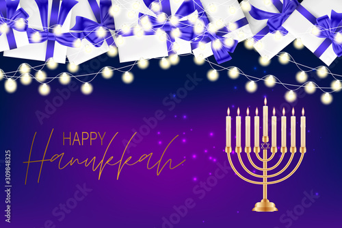 Happy Hanukkah. Traditional Jewish holiday celebration. Chankkah banner background design concept. Judaic religion decor - gift boxes with purple ribbon, David Star. Vector illustration.