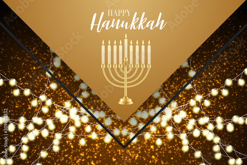 Happy Hanukkah. Traditional Jewish holiday. Chankkah banner, poster or flyer design concept. Judaic religion decor with Menorah, candles. Golden glitter decoration. Vector illustration. photo