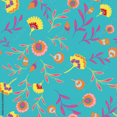 Vector psychedelic folk seamless pattern with colorful ethnic flowers and leaves, orange red yellow and turquoise background.
