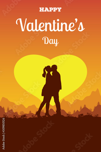 Valentine's Day card with couple in love. Romantic concept for 14 February with sun in the shape of a heart. A man and a woman hug and kiss on a background of sunset landscape. Vector illustration. © Василий Солдатов