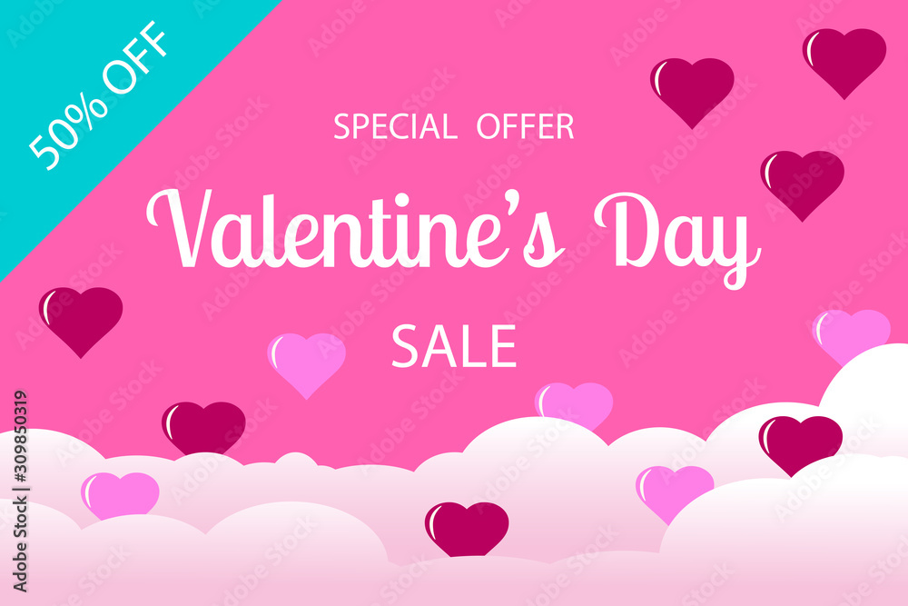 Valentines Day sale banner with hearts and clouds. Vector illustration for advertising special offer, promotion discount. Love day concept. Flat template for poster, card, voucher, flyer, brochure.