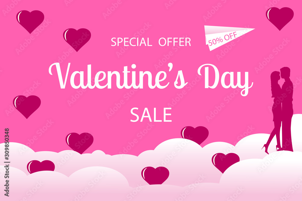 Φωτογραφία Valentines Day sale banner with couple silhouette, red hearts, pink clouds and airplane