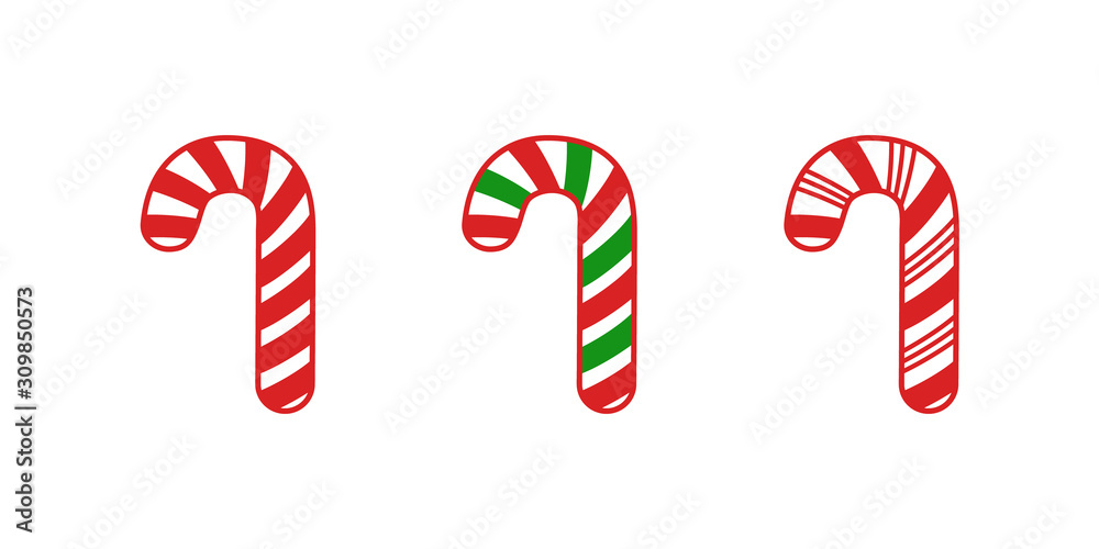 Obraz premium Set of candy canes in cartoon style isolated on white background. Vector illustration of Christmas symbol