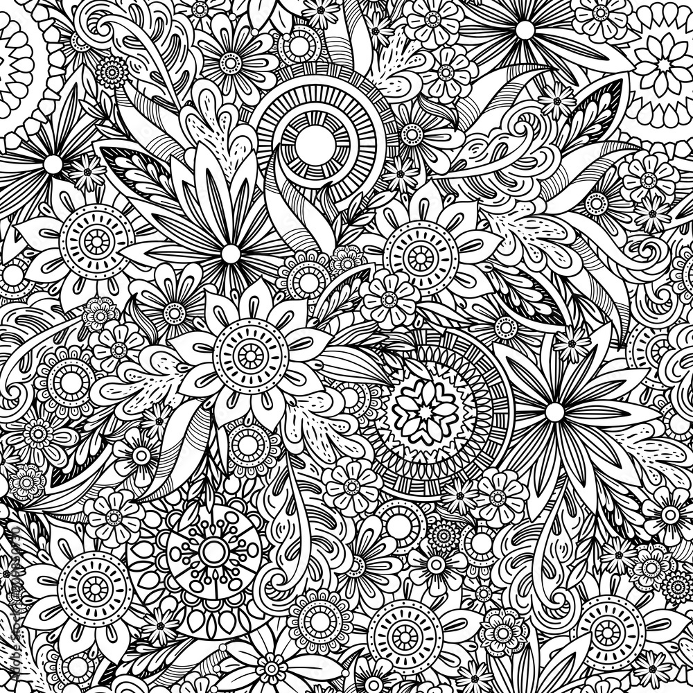 Hand drawn seamless pattern with leaves and flowers. Doodles floral ornament. Black and white decorative elements. Perfect for wallpaper, adult coloring books, web page background, surface textures. Hand drawn seamless pattern with leaves and flowers. Doodles floral ornament. Black and white decorative elements. Perfect for wallpaper, adult coloring books, web page background, surface textures.