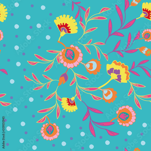 Vector psychedelic folk seamless pattern with colorful ethnic flowers, leaves, dots, orange yellow and turquoise background