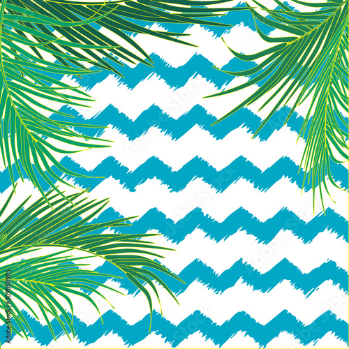 Vector background with decorative topical palm leaves on background of blue waves in zigzag shape. Place for text. Rest, vacation, summer, sea, palm trees are elements for invitations, posters.