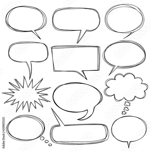 Set of 12 doodle speech bubble shapes isolated on a white background, in a hand drawn style